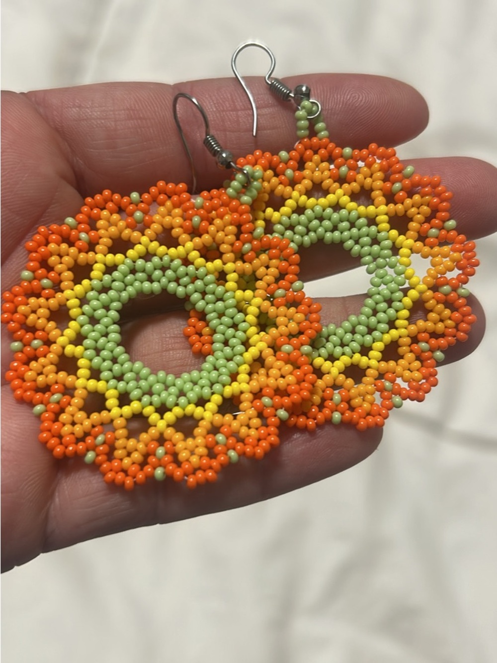 Handmade Seed Bead Hoop Earrings in Orange, Yellow & Green